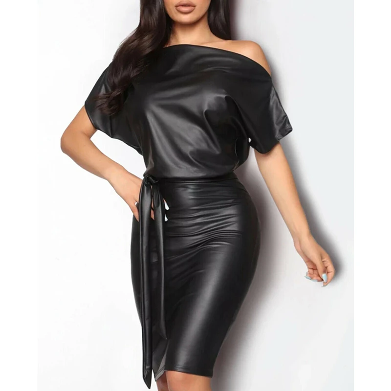 

PU Leather Dress Fall Long Sleeve Clothes Sexy Bodycon Mini Dress Slim Off Shoulder Dresses Ladies Casual Black Pencil Dresses