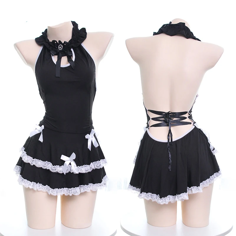 

Sexy Japanese Sweet Lolita Cute Lace Bow Sleepwear Halter Backless Maid Dress Gothic Female Lace-up Pajamas Night skirt Lingerie