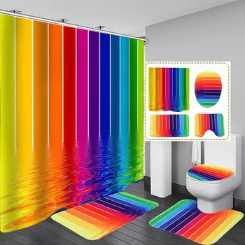 

3D Print rainbow type Shower Curtain Fabric Non-Slip Carpet Cover Toilet Cover Bath Mat Pad Set Waterproof Bathroom Curtain Sets