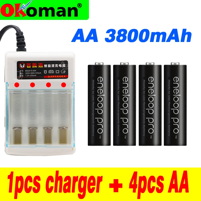4pcs Panasonic Eneloop Original Battery Pro AA 3800mAh 1.2V NI-MH Camera Flashlight Toy Rechargeable Batteries with Charger