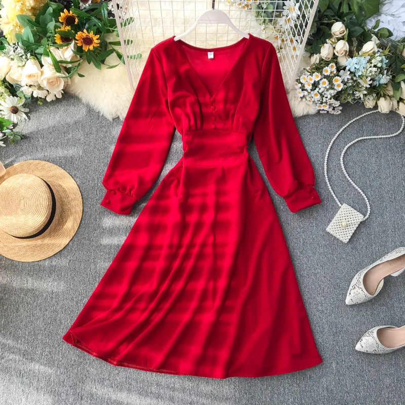 bright red SINGRAIN женское винтажное длинное платье с v-образным вырезом и длинными рукавами-фонариками с высокой талией корейские вечерние элегантные осенние однотонные платья а-силуэта - Цвет: bright red