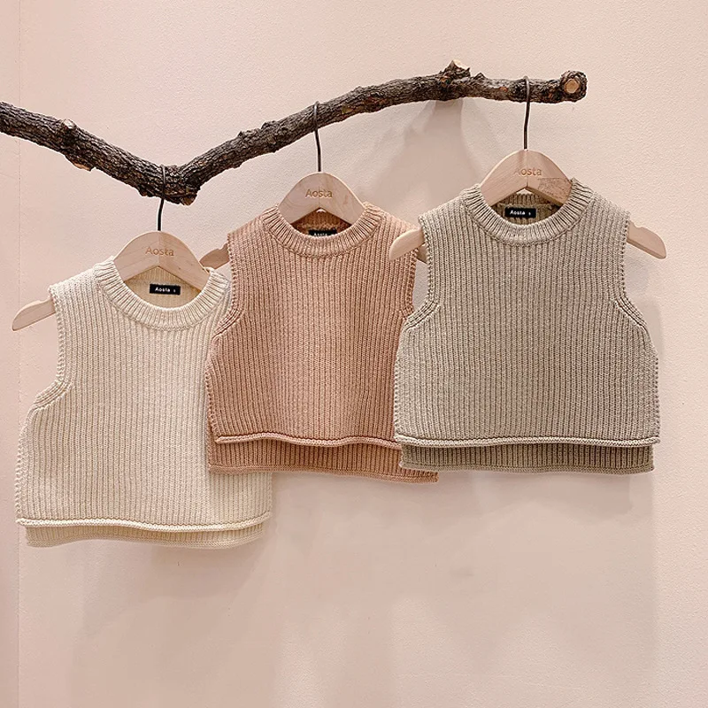 Fashion Baby Knit Vest For Boy And Girl Kids Solid Color Sweater Autumn Windproof Outerwear Sleeveless Infant Knitted Cardigan