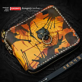 

Retro Genuine Leather Men's Wallet Tiger Head Men Card Holder Coin Purses Painted Small Wallets Short Zipper First Layer Cowhide