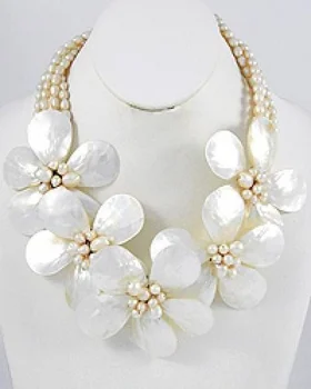 

Three Rows Freshwater Pearls White Sea Shell Flower Chokers Necklace