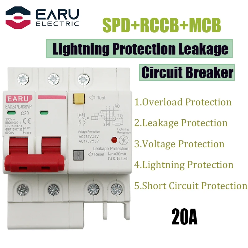 20a 2p Spd Residual Current Circuit Breaker With Overload Overvoltage