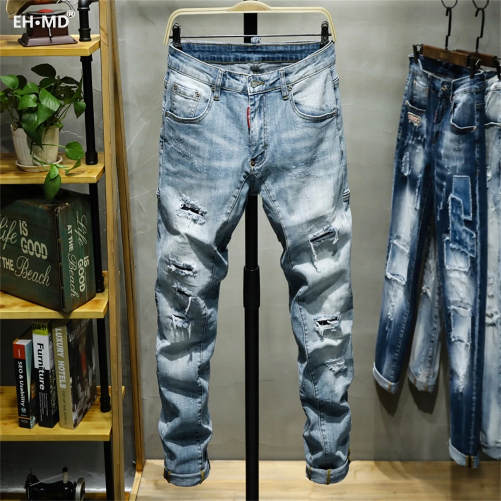 EH · MD® Triple Stitching Jeans Men's Large Leather Label Soft Casual Cotton Loose Scratch Trousers Holes Red Ears 2020 High-end EH · MD® Triple Stitching Jeans Men's Large Leather Label Soft Casual Cotton Loose Scratch Trousers Holes Red Ears 2020 High-end