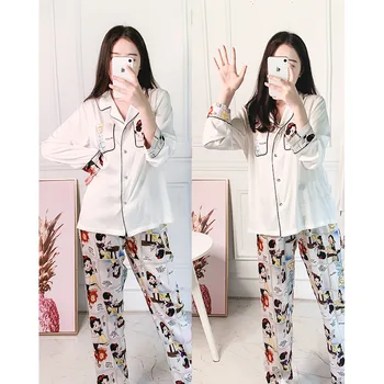 

2020 Pajamas Ms. Spring Summer Faxu Silk Long Sleeve Cartoon Snow White Print Tracksuit Set Pyjamas Women Sleepwear Pijama Mujer