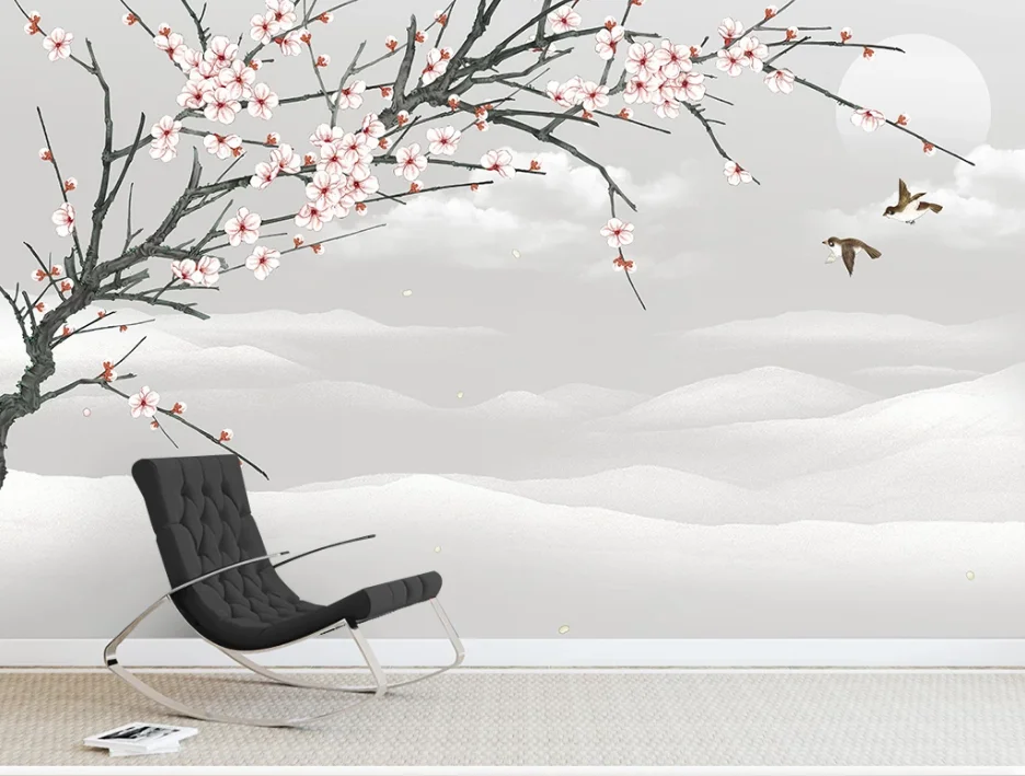 

XUE SU Wall cloth custom large wallpaper new Chinese plum blossom landscape pen and flower background wall