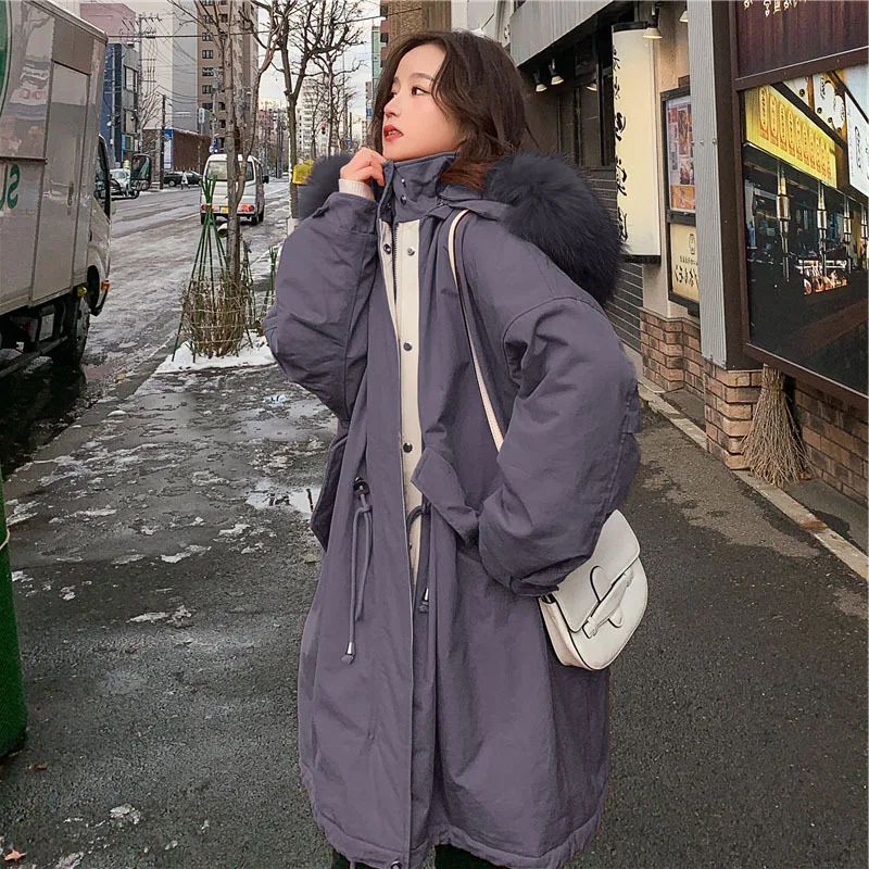 

Photo Shoot Gray Parka 2019 Winter New Style Korean-style Loose-Fit Hooded Large Fur Collar Mid-length Cotton Overcoat Women's