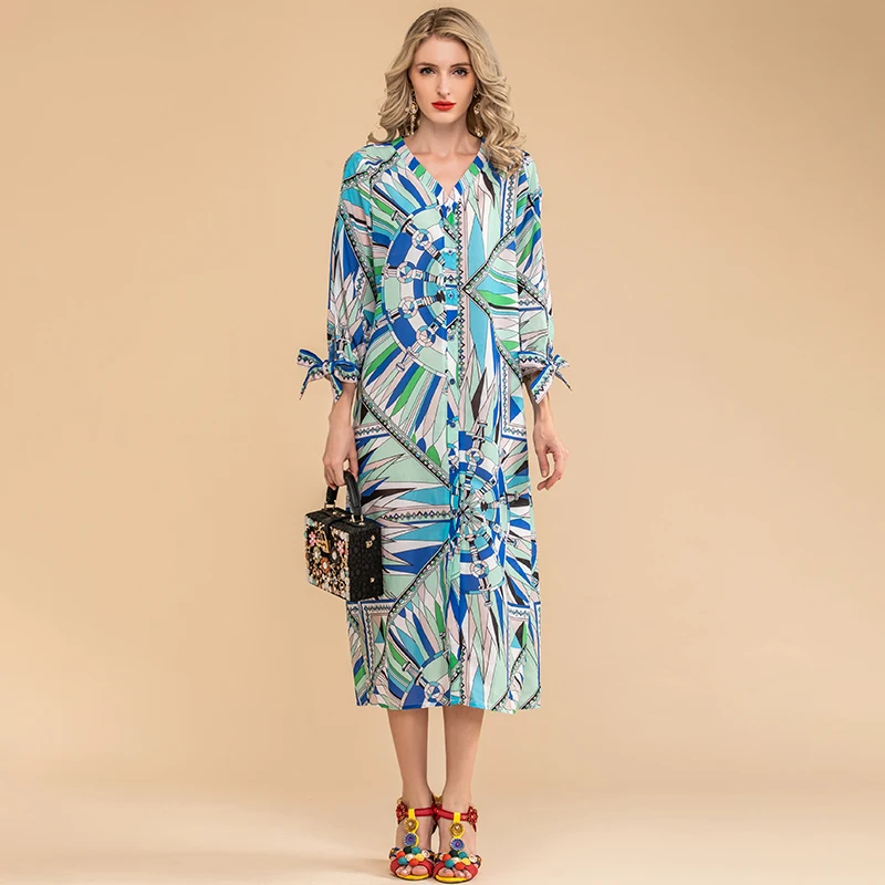 LD LINDA DELLA Autumn Fashion Loose Plus Size Dress Designer Women V-Neck Single-breasted Print Holiday Vintage Midi Dress