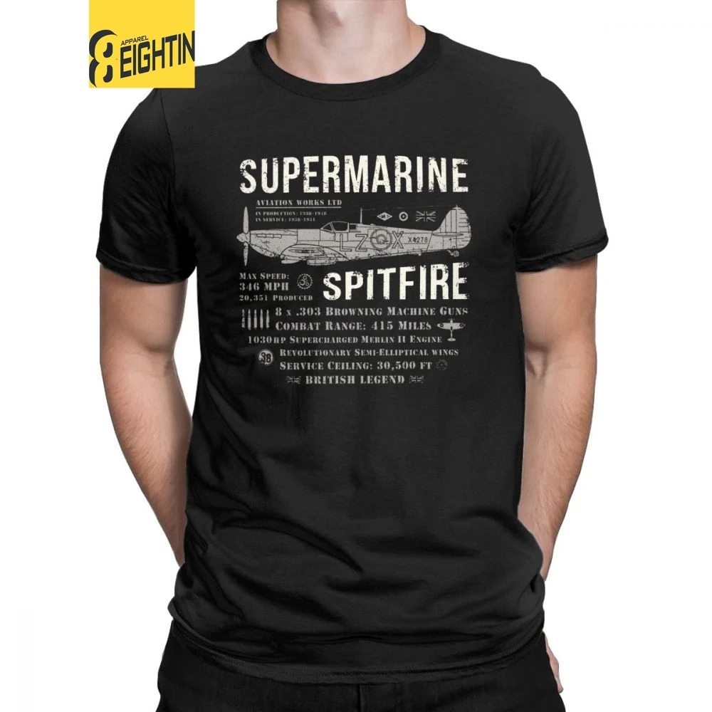 

Men T-Shirts Spitfire Fighter Plane Funny Pure Cotton Tees Short Sleeve WW2 War Pilot Aircraft Airplane T Shirt Round Neck Tops