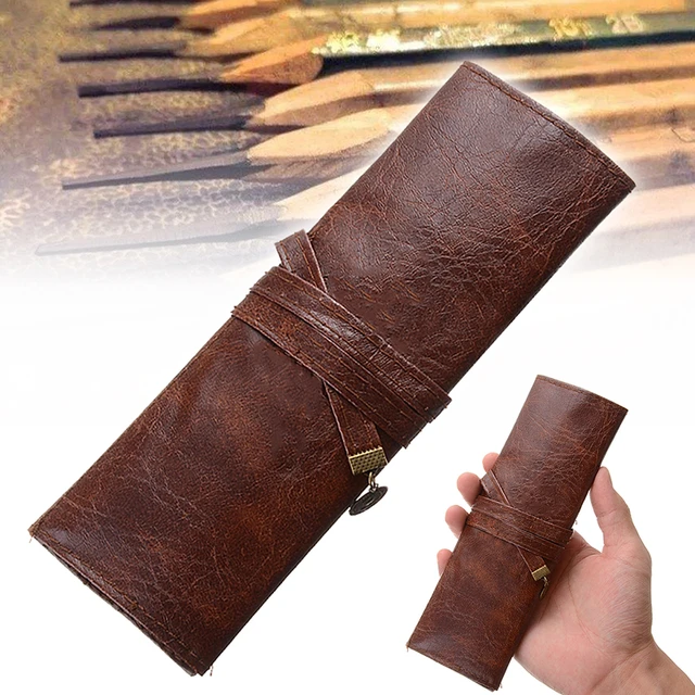 Retro Crazy Horse Leather Pencil Roll Up Cases Pen Bag Pouch Student Adult  Pencil Holder Office High School Supplies Stationery - AliExpress