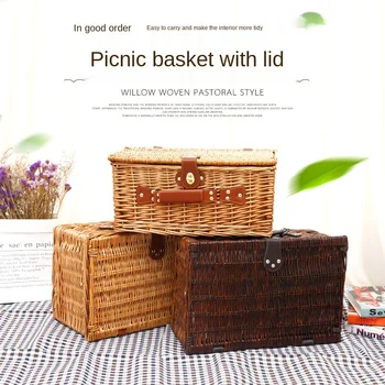 

New Outdoor Picnic Household Storage Basket Rattan Wicker Picnic Basket Fruit Steak Vegetable Basket with Tableware
