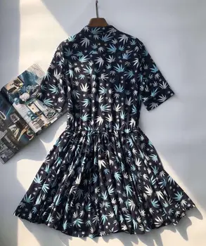 

2020 Ladieknee-length Dress Blue Maple Leaf Print Woemn Half Sleeve Lace-up Short Dresses Double Pockets Large Hem Summer Dress