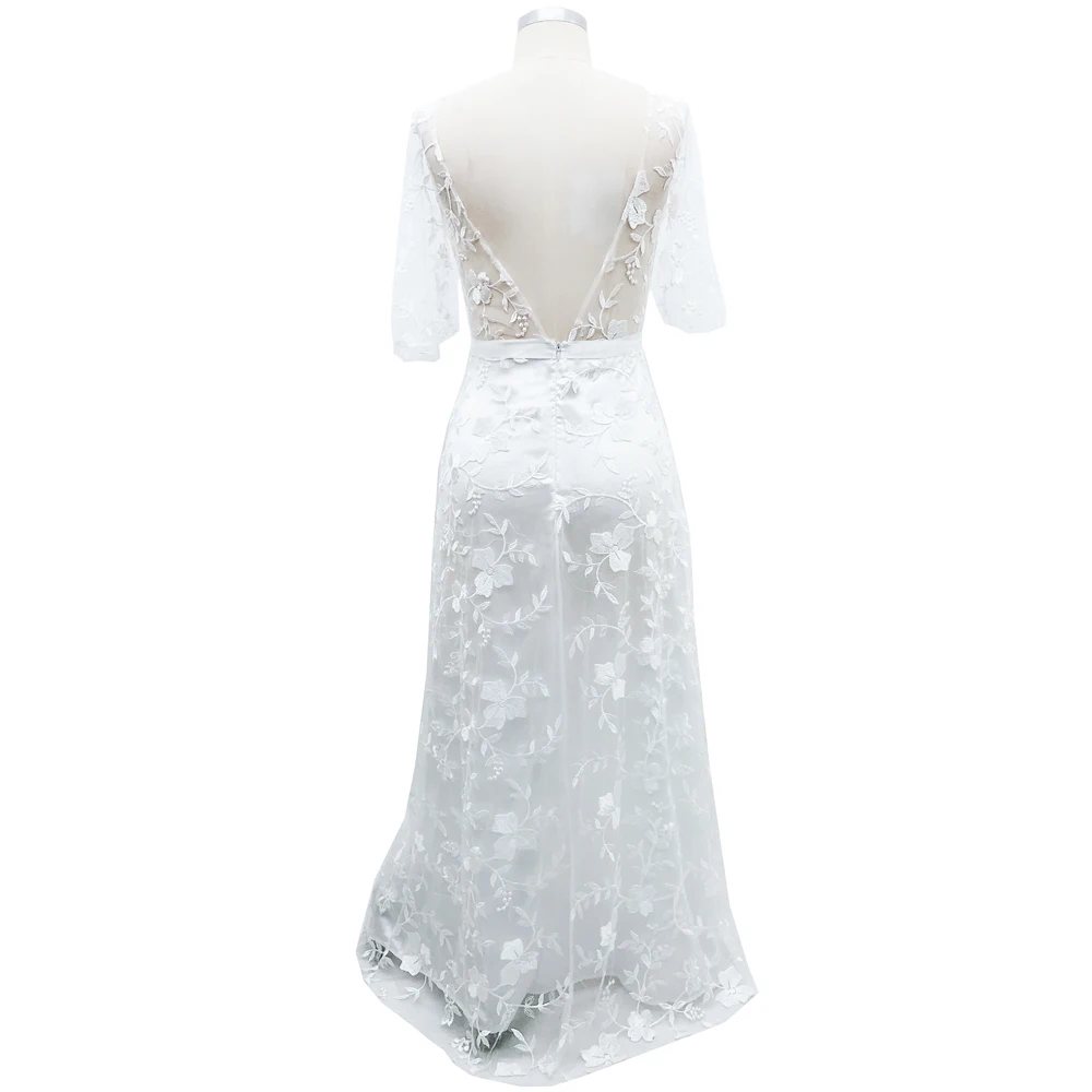 Womens Pure White Lace Bridesmaid Floral lace Maxi Long Slim Backelss Half Sleeve Party Dresses Gown V Back Formal Dress