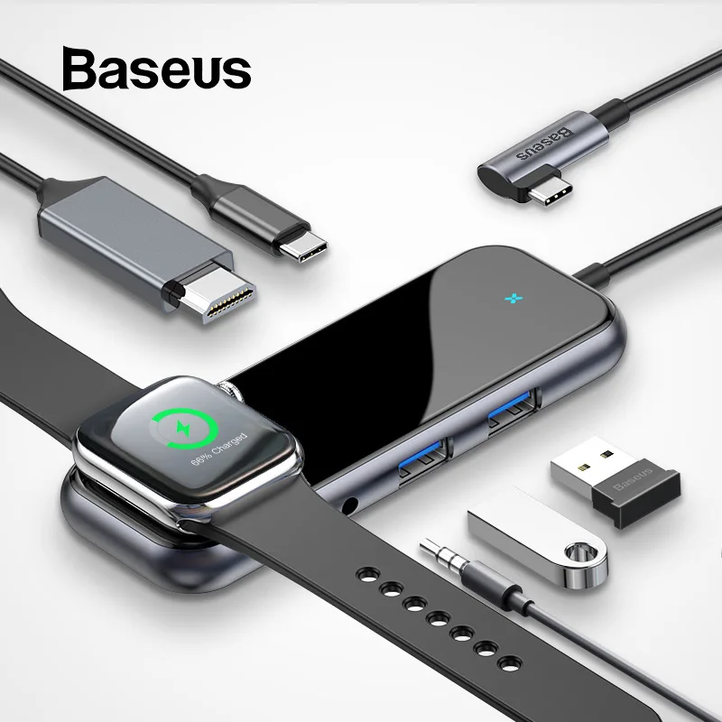 Скидка Baseus мульти концентратор font b USB b font Type C до 3,0 HDMI RJ45 font b usb b font хаб для MacBook Pro font b USB b font C концентратор для iWatch беспроводной зарядный адаптер font b USB b font разветвитель