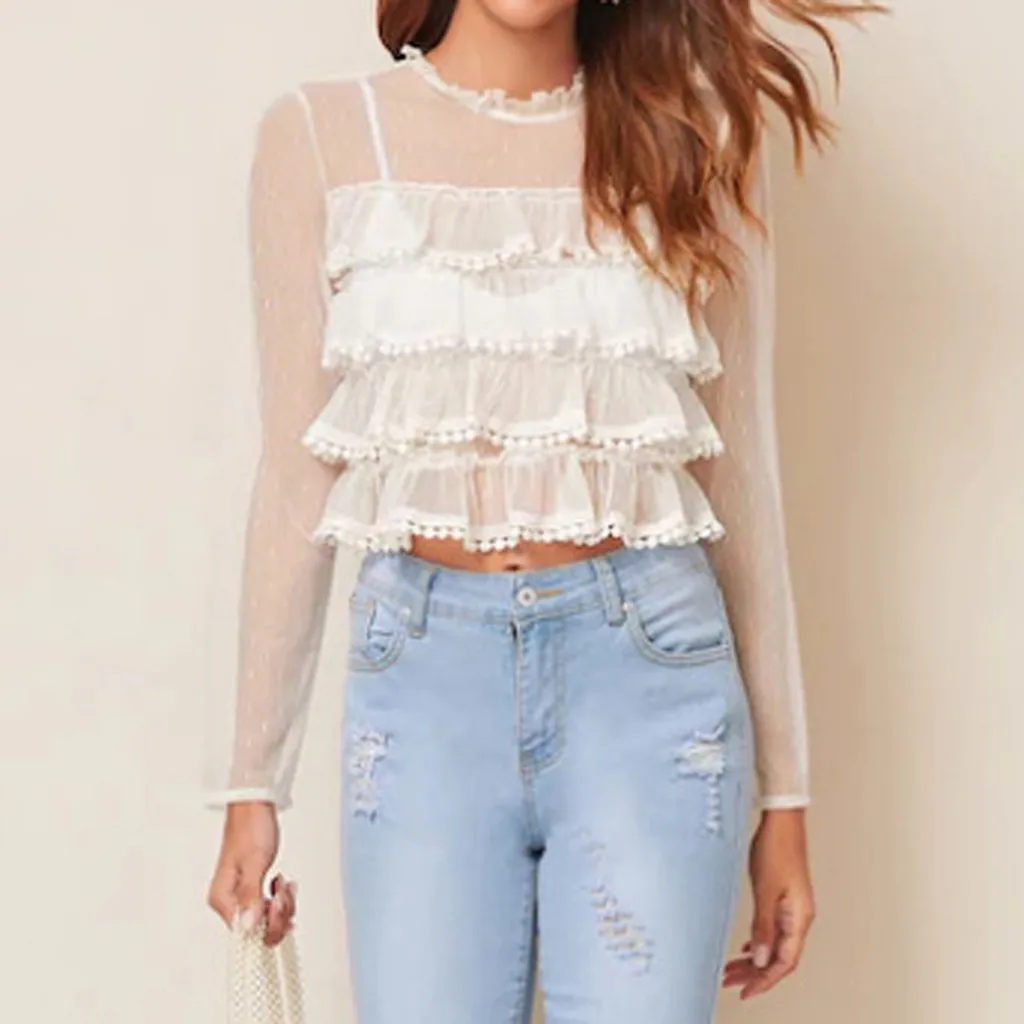 

Feitong Fashion Women Casual Mesh Layered Lace Ruffles Solid Blouse Long Sleeve Tops Blouses Shirts Tops