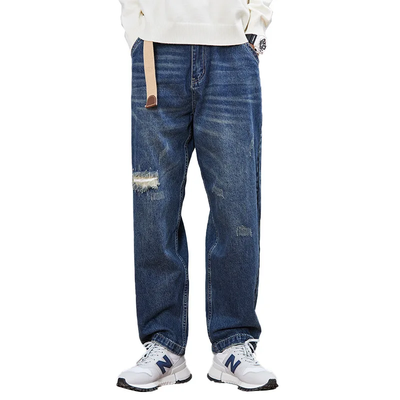 Vintage Men's Jeans Straight Tube Loose Fashion Pants Autumn New Korean Harajuku Clothing Trousers Male Streetwear Ripped Jeans 2