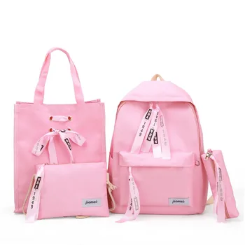 

New 4Sets/Pcs Canvas SoftBack School Bags For Teens Solid Ribbons Polyester Zipper Backpacks Student Bookback Women Bags 2020