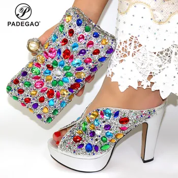 

Party Italian Lady Shoes Matching Bag in Silver Color Special Design Comfortable Heels African Women Shoes and Bag Set