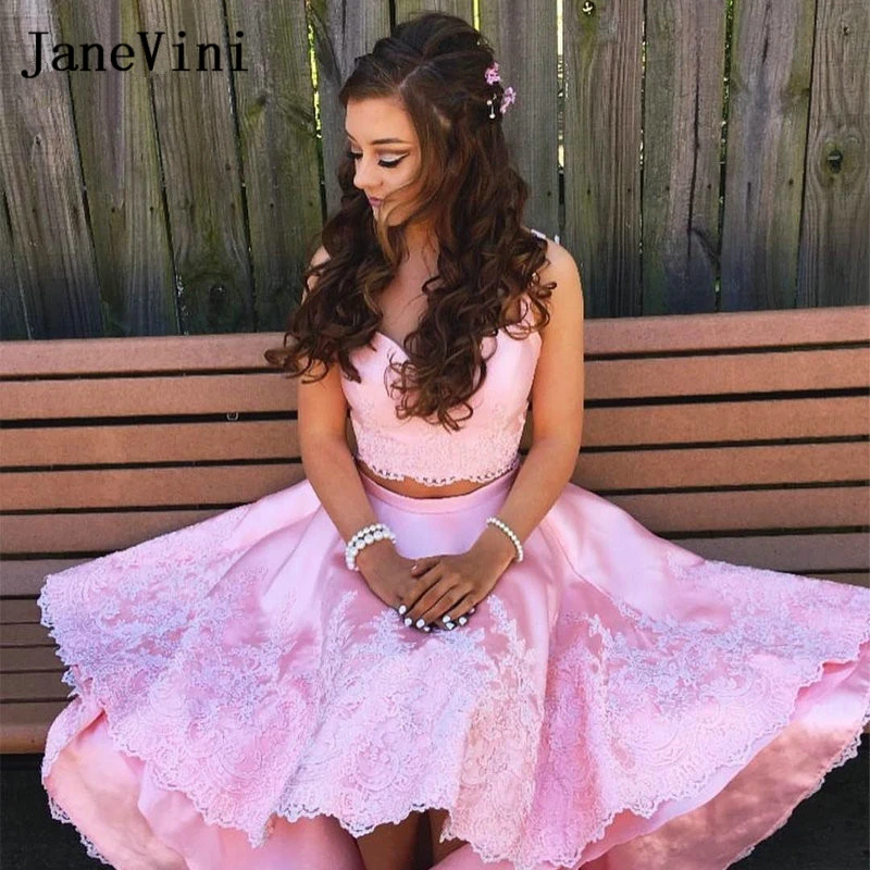 JaneVini Elegante Roze Twee Stuks Satin Homecoming Jurken Hoog Laag 2019 Strapless Kant Applicaties Lange Prom Jurk voor Afstuderen JaneVini Elegante Roze Twee Stuks Satin Homecoming Jurken Hoog Laag 2019 Strapless Kant Applicaties Lange Prom Jurk voor Afstuderen
