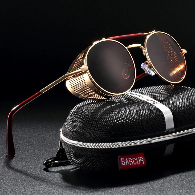 BARCUR Polarized Steampunk Round Sunglasses Men Retro