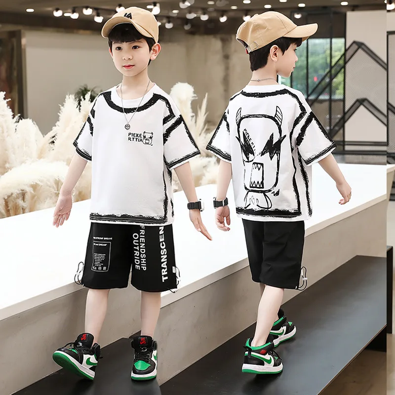 

2021 Summer New Thin Clothes Trendy Children Clothing Boys Summer Suit Handsome Short-sleeved Five-point Pants In Two-piece Suit