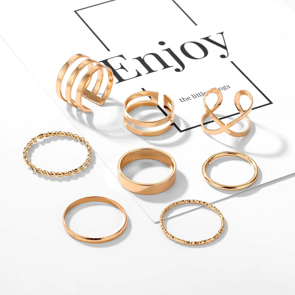 FAMSHIN 8 Pcs/Set Fashion Design Round Gold Color Rings Set For Women Handmade Geometry Finger Ring Set Female Jewelry Gifts