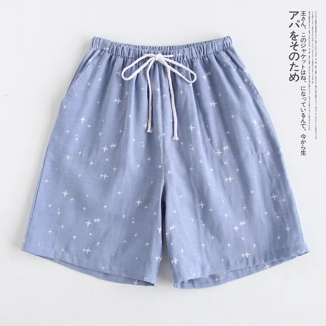 Couple pajamas summer cotton gauze shorts Japanese style simple elastic waist casual large size lattice men and women home pants Mens blue stars