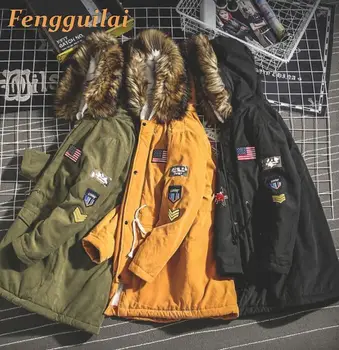 

2019 Winter New Fashion Boutique Cotton Solid Color Men's Casual Long Hooded Coat / Anti-fur Collar Thick Warm Men's Jacket Coat