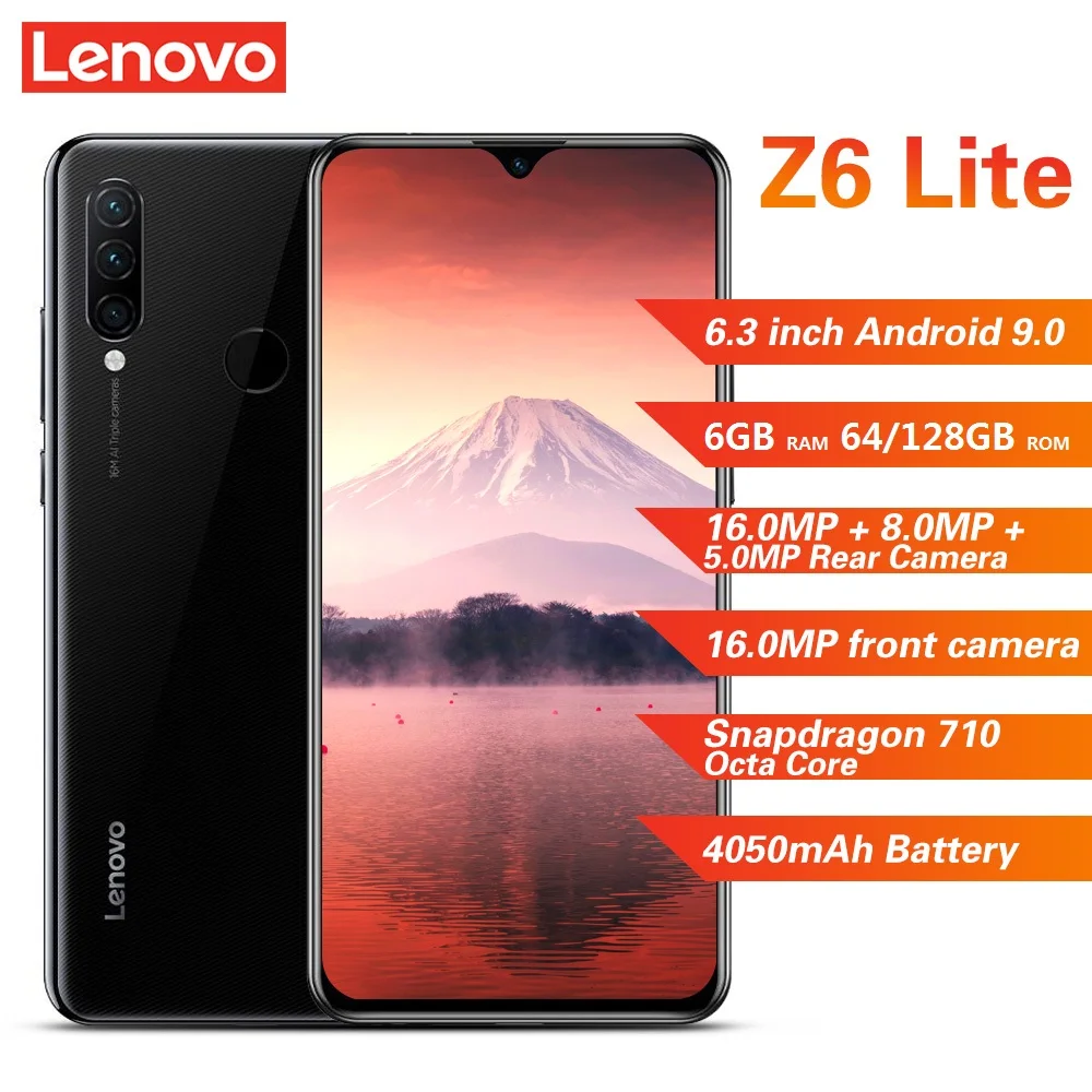 Lenovo Z6 Lite 4G Phablet 6,3 дюймов Android 9,0 Восьмиядерный процессор Snapdragon 6 ГБ+ 64 ГБ/128 ГБ 3 задняя камера 4050 мАч мобильный телефон