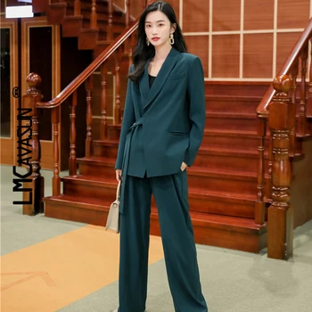 

LMCAVASUN Elegant Two Piece Sets For Women Pocket Long Sleeve Blazer Wide Leg Pants Female Suits 2019 Autumn Fashion OL New