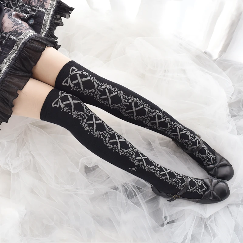 

Lolita Lolita Jacquard Bow Stockings Lo Socks Knitted Cotton Stockings over Knee Socks