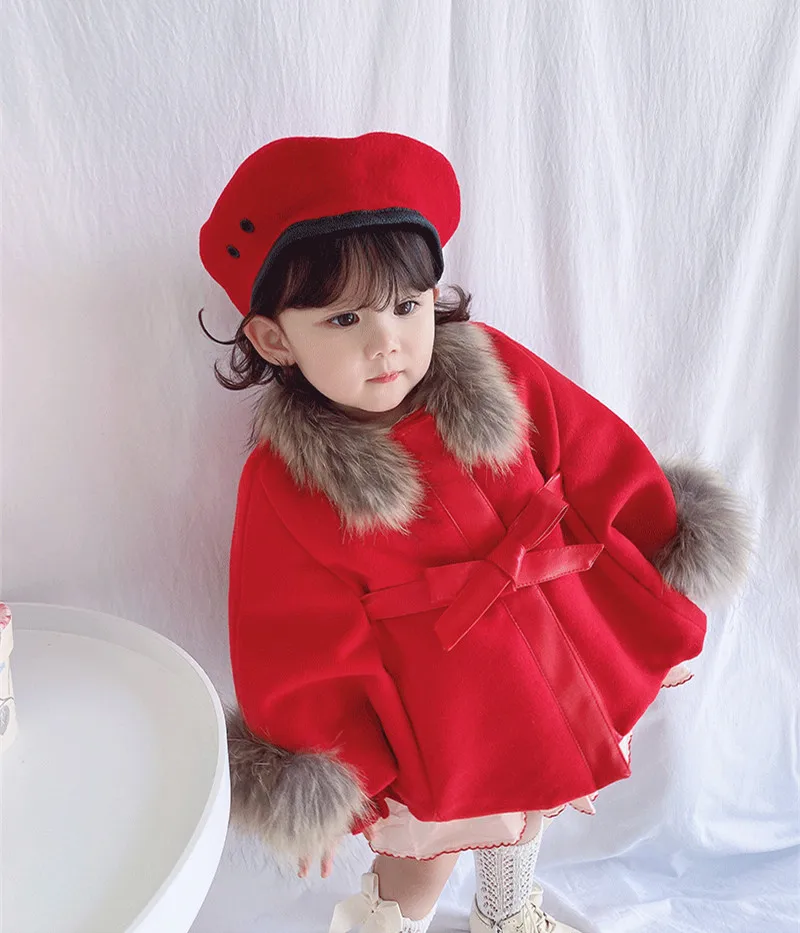 Зимнее красное и розовое шерстяное пальто-накидка из енота для маленьких девочек