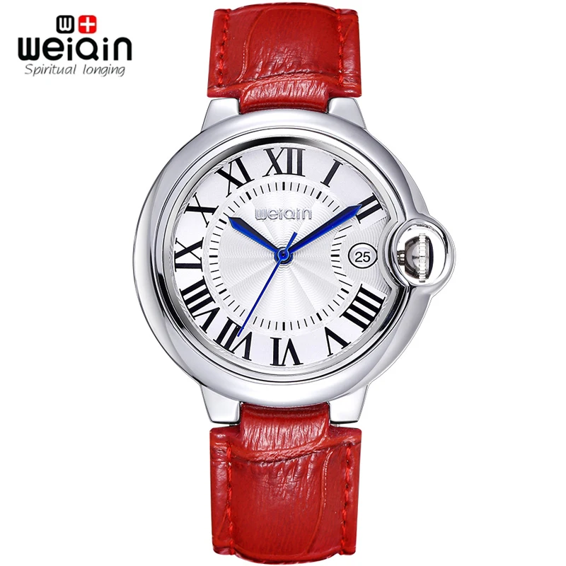 

WEIQIN Date Rome Style 50m Waterproof Silver Case Genuine Leather Strap Watches Women Lady Fashion Dress Wrist Watch Hours Clock