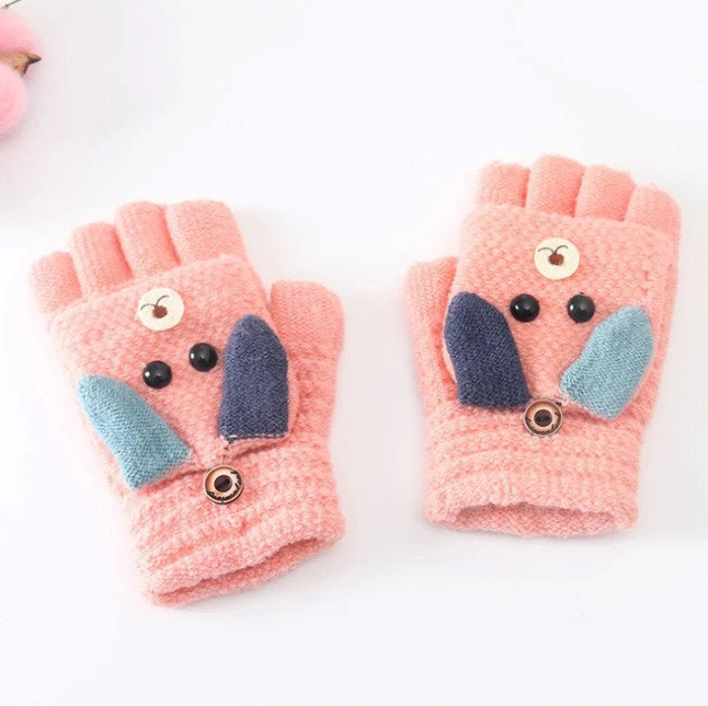 Зимние рождественские детские теплые перчатки для начальной школы, кашемировые вязаные перчатки с перекидными пальцами, рукавицы Мультфильмы для мальчиков и девочек 4-12 лет - Цвет: Light Pink