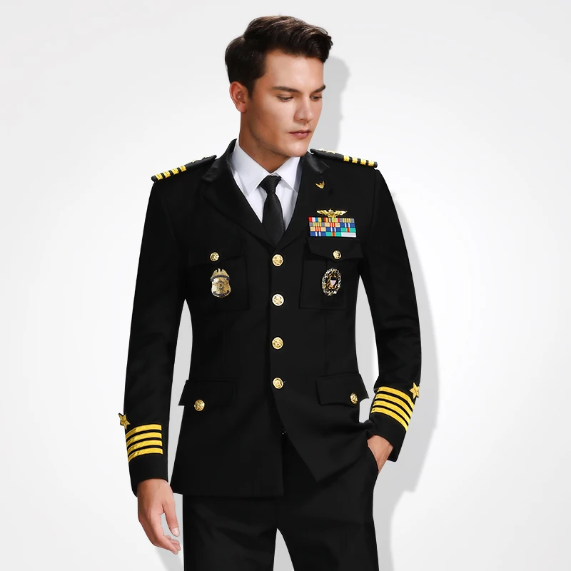 High Quality Admiral Military Uniform Male Navy Captain Uniform Suits Single-Breasted Suit Sets With Badges Security Workwear