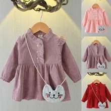 Платья для девочек нарядное однотонное платье принцессы с длинными рукавами и оборкой+ сумка для маленьких девочек модное зимнее платье для отдыха M840