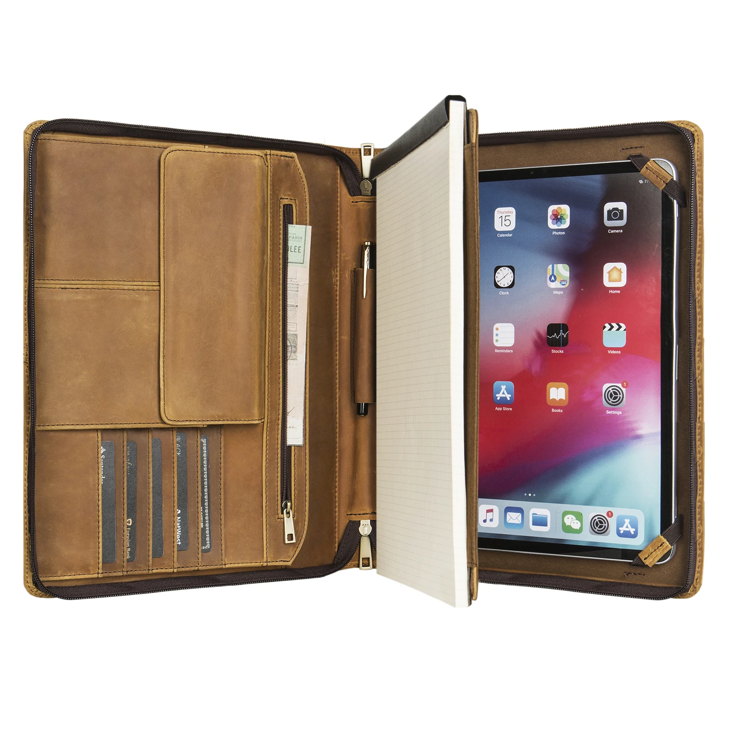 

Handmade Vintage Genuine Leather Portfolio A4 Folder, Personalised Documents Organizer Padfolio Case with Handle - Brown