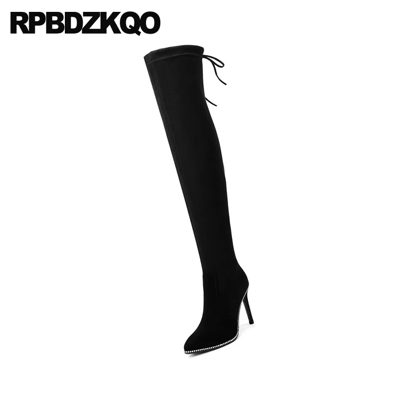 thigh high boots for plus size women sheepskin pointed toe heel long shoes slim over the knee black stiletto suede big brand new