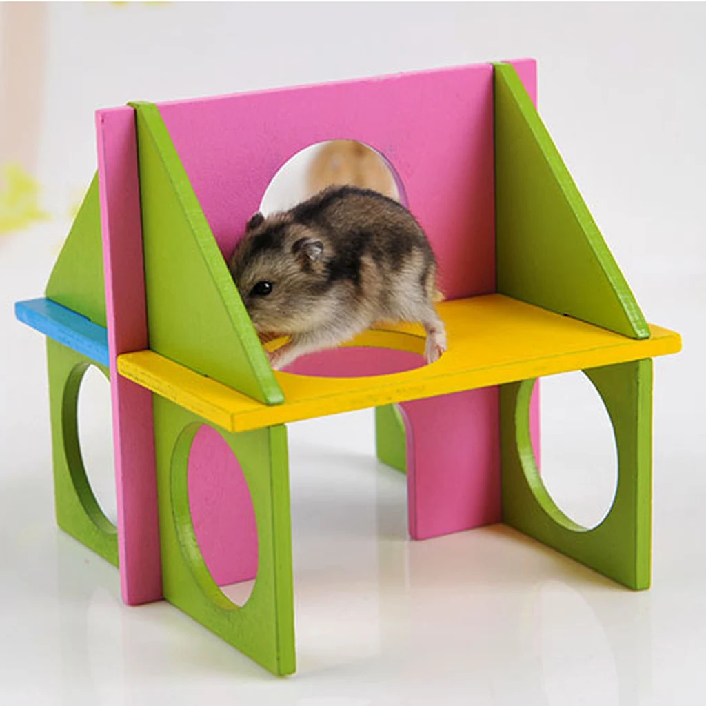 Wooden Hamster Toy Funny Natural Gym Playground Exercise for Mouse Rat Pet 12.5x12.5x12.5cm  ( Random Color )