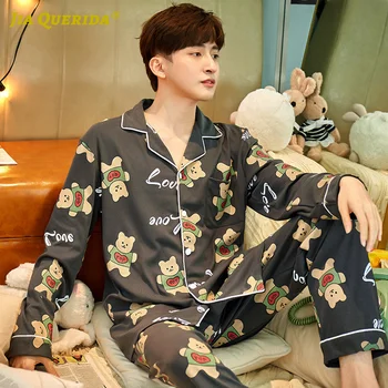 

Man New Long Sleeve Long Pants Printing Pajamas Set Fashion Style Casual Style Turn Down Collar Cartoon Printing Sleepwear