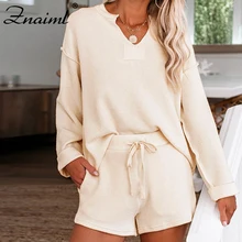 Aliexpress - Znaiml New Fashion Tracksuit Long Sleeve V-Neck Tops And Shorts Sweatshirts 2 Piece Set Casual Sport Suit Women Tracksuit Set