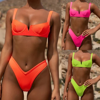 

KUKAKEY Sexy Micro Bikini Set Thong Biquini High Cut Swimwear Female Swimsuit Deep V neck Bathing Suit Swimming Suit Women Beach