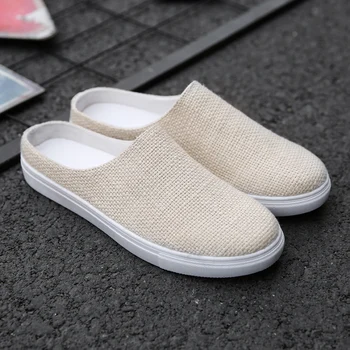 

New Arrival Men Flats Shoes Breathable Hemp Half slippers for Men Beige Slip-On Summer Shoes Men Half Drag Casual Shoes Adult