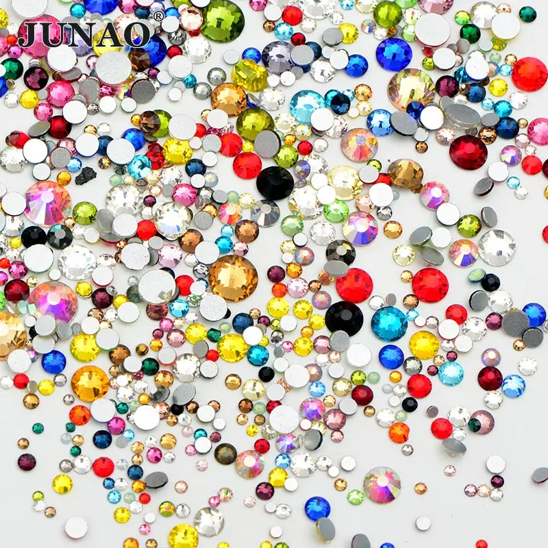 JUNAO, 1440 шт., 8 размеров, блестящий кристалл, AB стекло, Стразы для ногтей, плоская задняя сторона, камень, наклейки для ногтей, стразы, стразы, бриллиант - Цвет: Random Mix Color