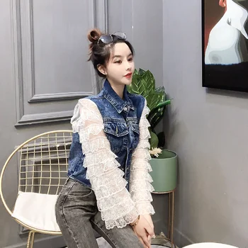 

Fashionable new casual lace sleeve slimming fashion denim jacket