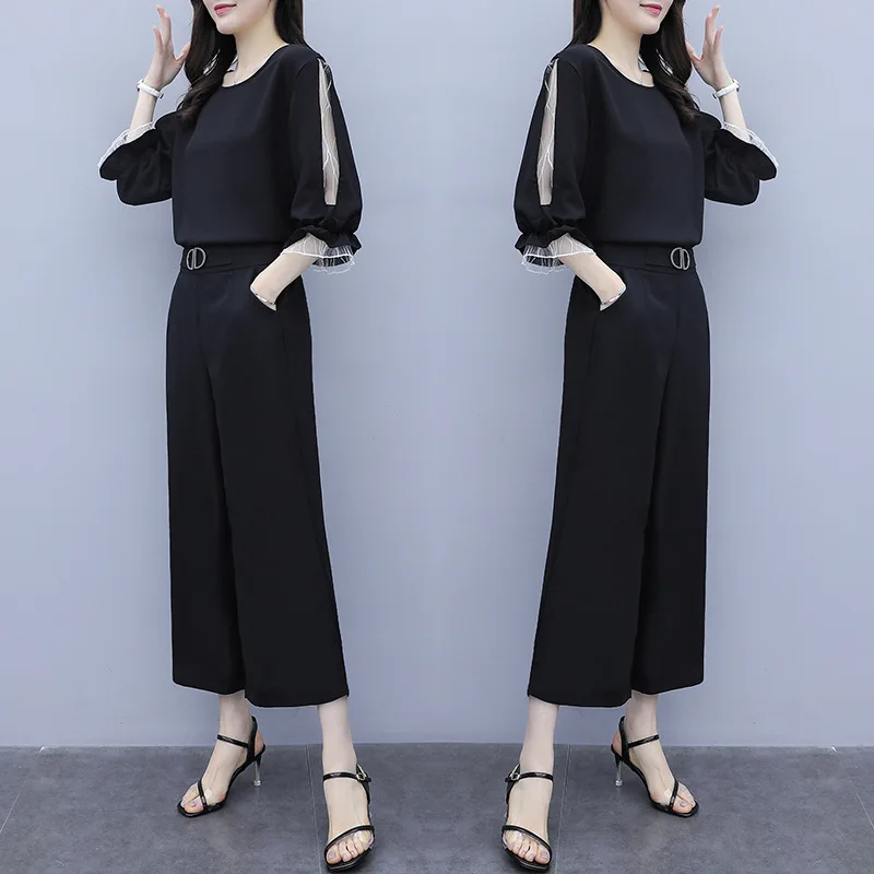 

2019 Early Autumn New Fashion Korean-style Large Size Dress Fat Mm Set Lantern Sleeve Joint Tops Loose Pants Two-Piece Set