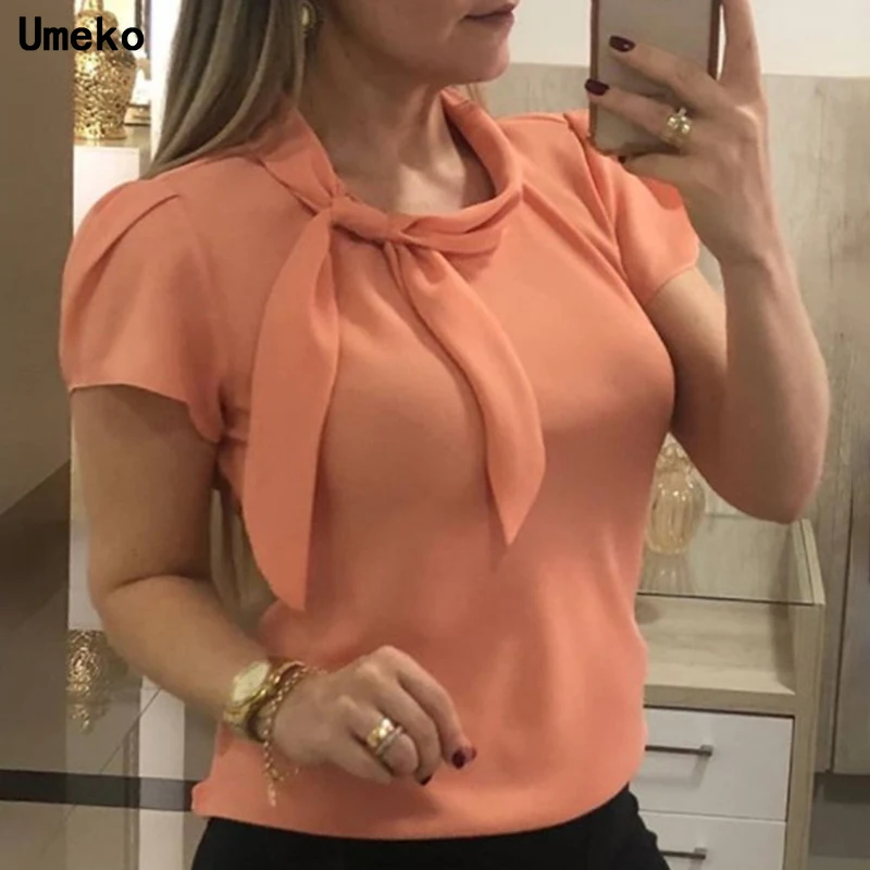 Umeko-Blusa informal de Chifón con manga corta y lazo para verano, camisa ceñida con mangas de pétalos para mujer, 2020