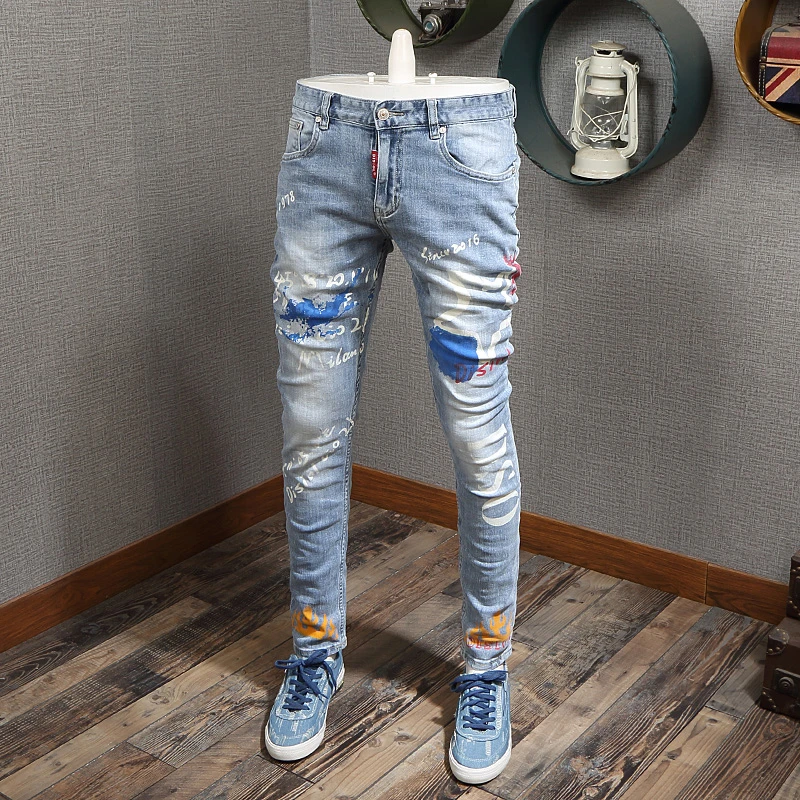 American Streetwear Fashion Men Jeans Light Blue Slim Fit Printed Jeans Men Night Club Personality Paint Designer Hip Hop Jeans Jeans Aliexpress